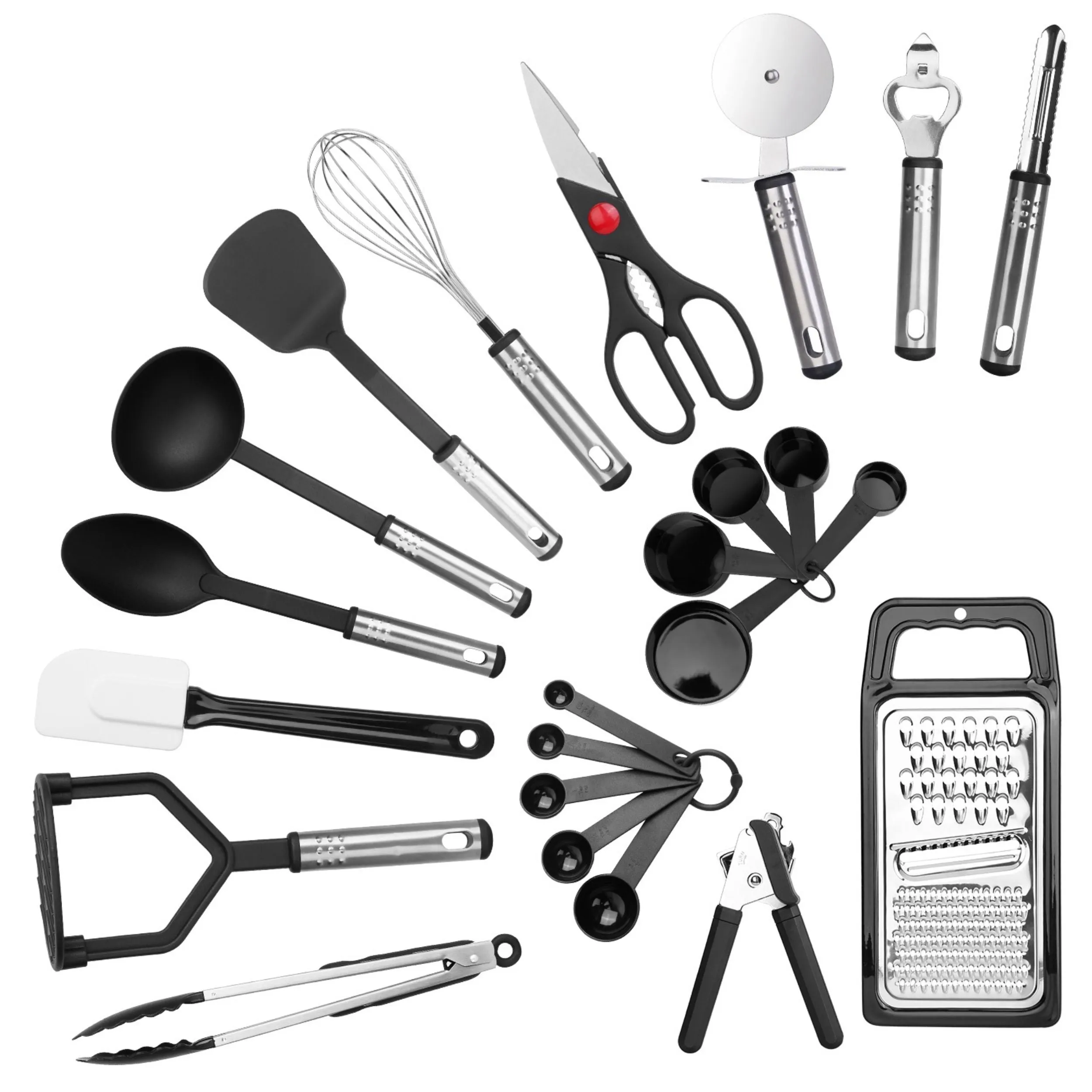 23-Piece Stainless Steel Nylon Kitchen Utensil Set: Heat Resistant Cooking Tool Kit with Grater, Scraper, Tongs, Whisk, Opener, Cutter