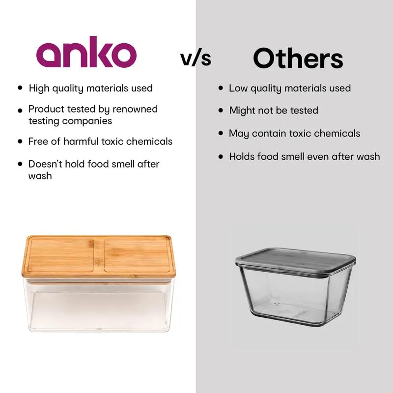 Anko 1 Litre Acrylic Airtight Food Storage Container With Bamboo Wood Lid - Pack of 2|BPA-free Multi-utility Leak-proof Clear Acrylic Container for Spices, Herbs, Nuts,Cereals and other Condiments