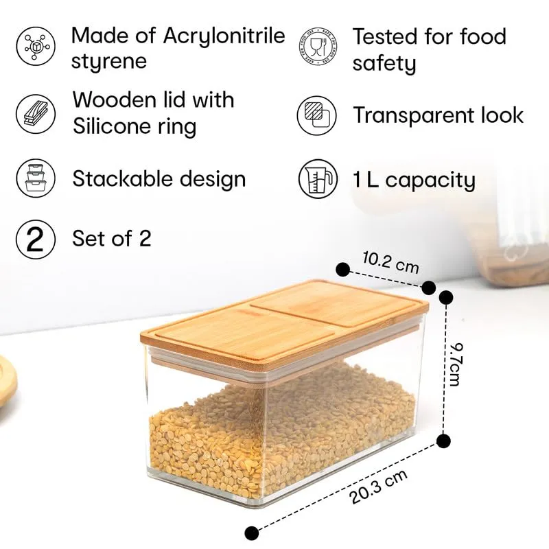 Anko 1 Litre Acrylic Airtight Food Storage Container With Bamboo Wood Lid - Pack of 2|BPA-free Multi-utility Leak-proof Clear Acrylic Container for Spices, Herbs, Nuts,Cereals and other Condiments