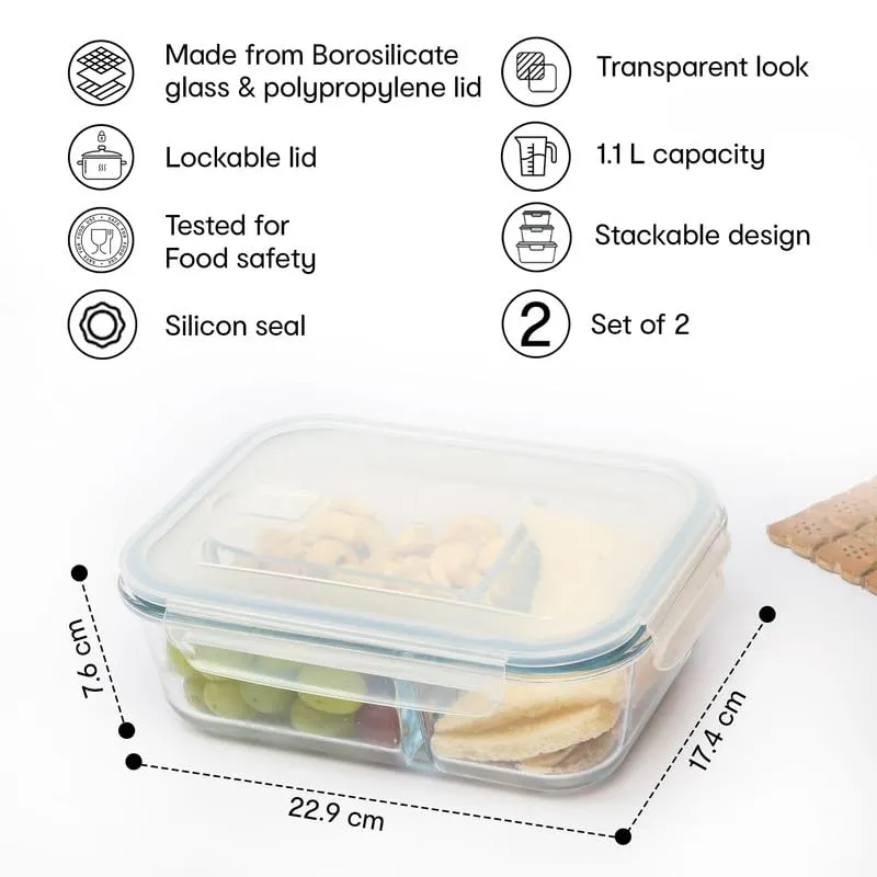 Anko Leak-Proof Glass Storage Containers with Lockable Lids - Pack of 2|Glass Lunch Boxes/Containers with Spill-Proof Polypropylene Lid (3-Compartment Glass Box)