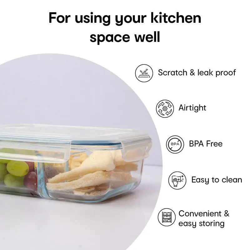 Anko Leak-Proof Glass Storage Containers with Lockable Lids - Pack of 2|Glass Lunch Boxes/Containers with Spill-Proof Polypropylene Lid (3-Compartment Glass Box)