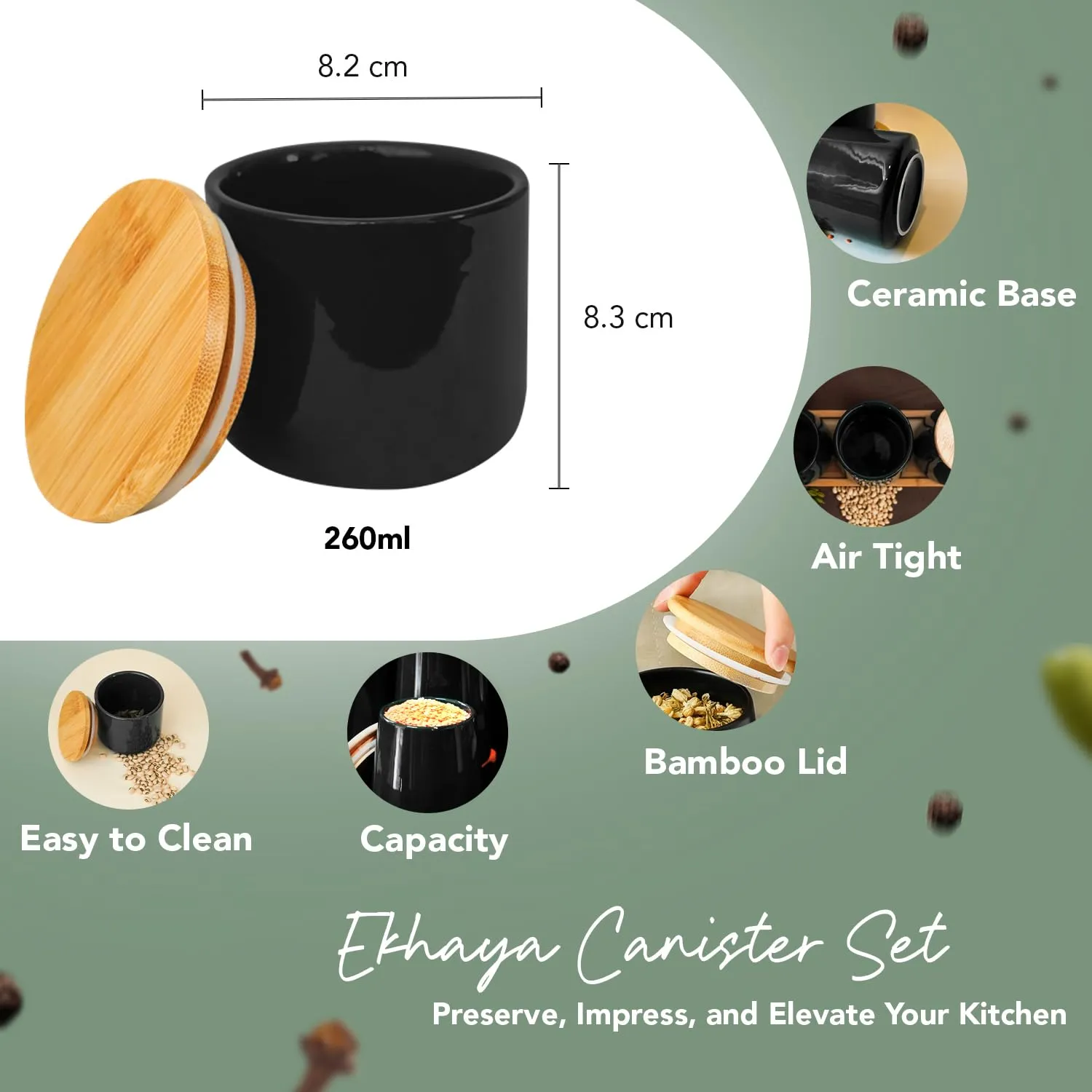 Ekhasa Ceramic Jar with Bamboo Lid for Multipurpose Kitchen Storage (260ml, Black) | Airtight Storage Jar for Kitchen | Tea, Coffee, Sugar, Snacks, Salt Container | Pickle Storage Barni