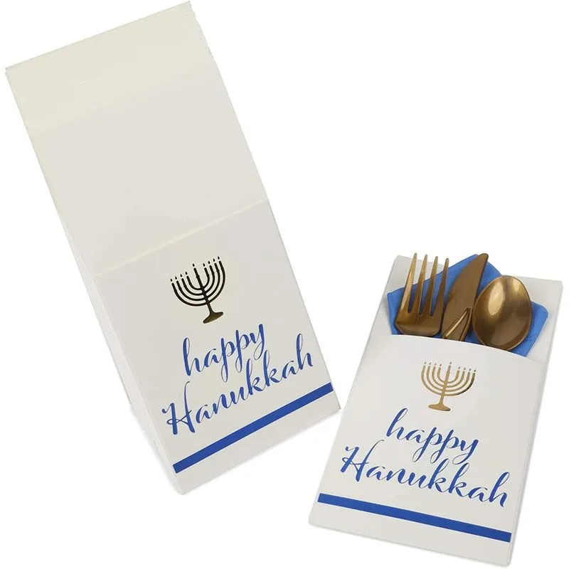 Happy Hanukkah Paper Utensil Holder, Gold Menorah (White, 3.7 x 7.5 In, 36 Pack)