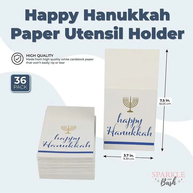 Happy Hanukkah Paper Utensil Holder, Gold Menorah (White, 3.7 x 7.5 In, 36 Pack)