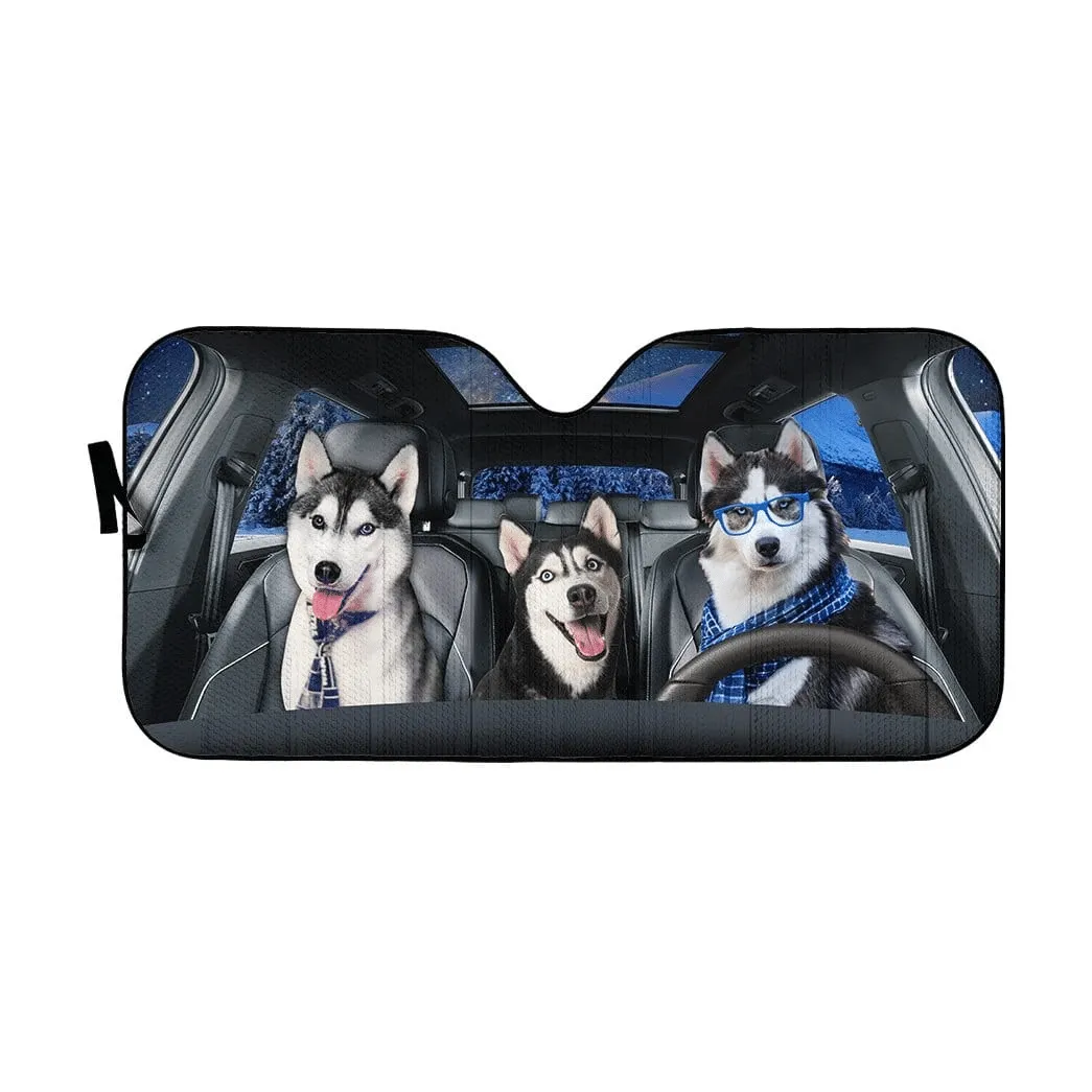 Happy Husky Family Car Sunshade, Dog Cute Car Sun Shade Cover