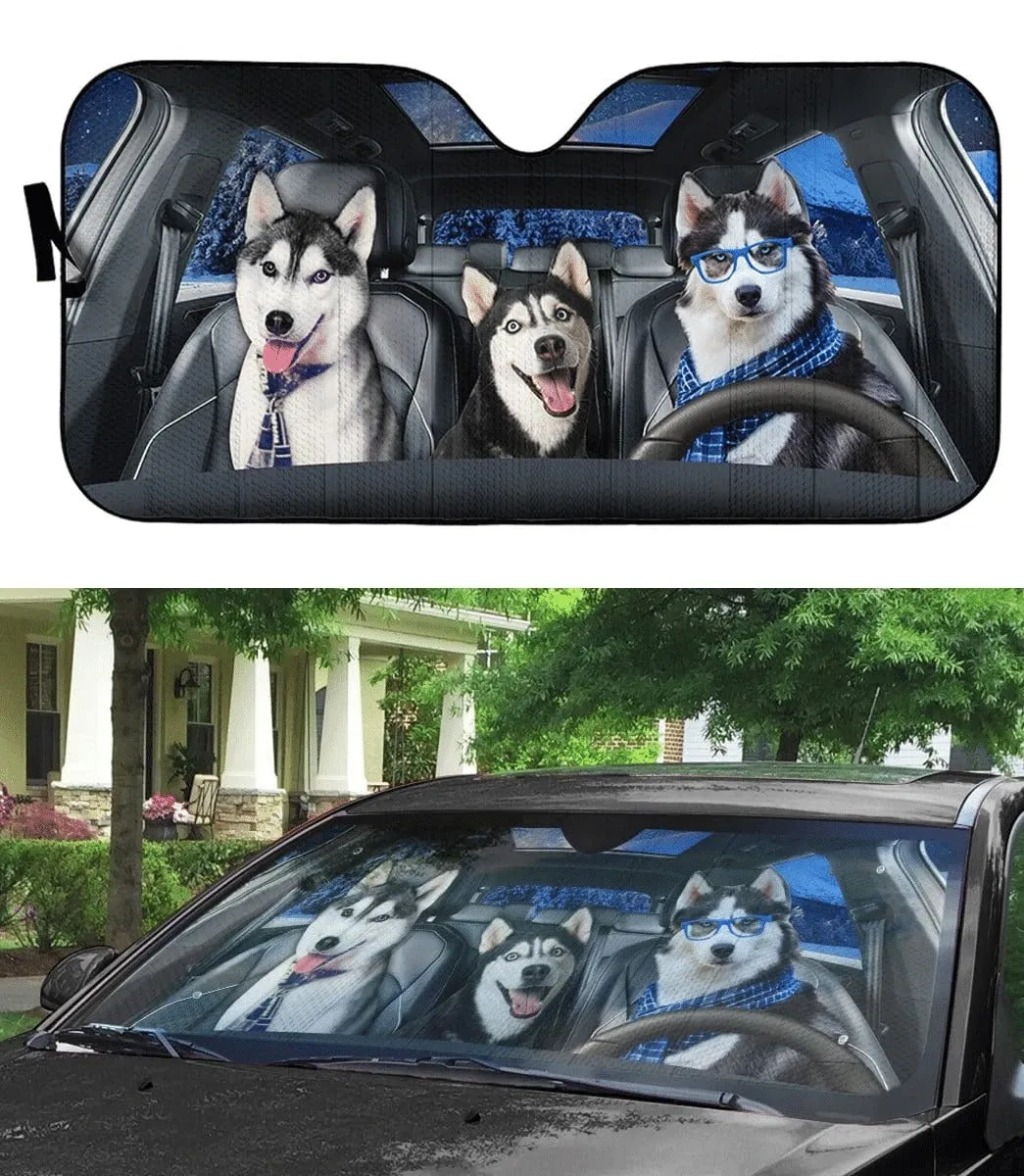 Happy Husky Family Car Sunshade, Dog Cute Car Sun Shade Cover