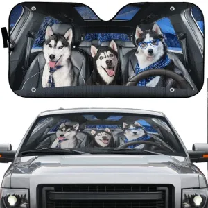 Happy Husky Family Car Sunshade, Dog Cute Car Sun Shade Cover