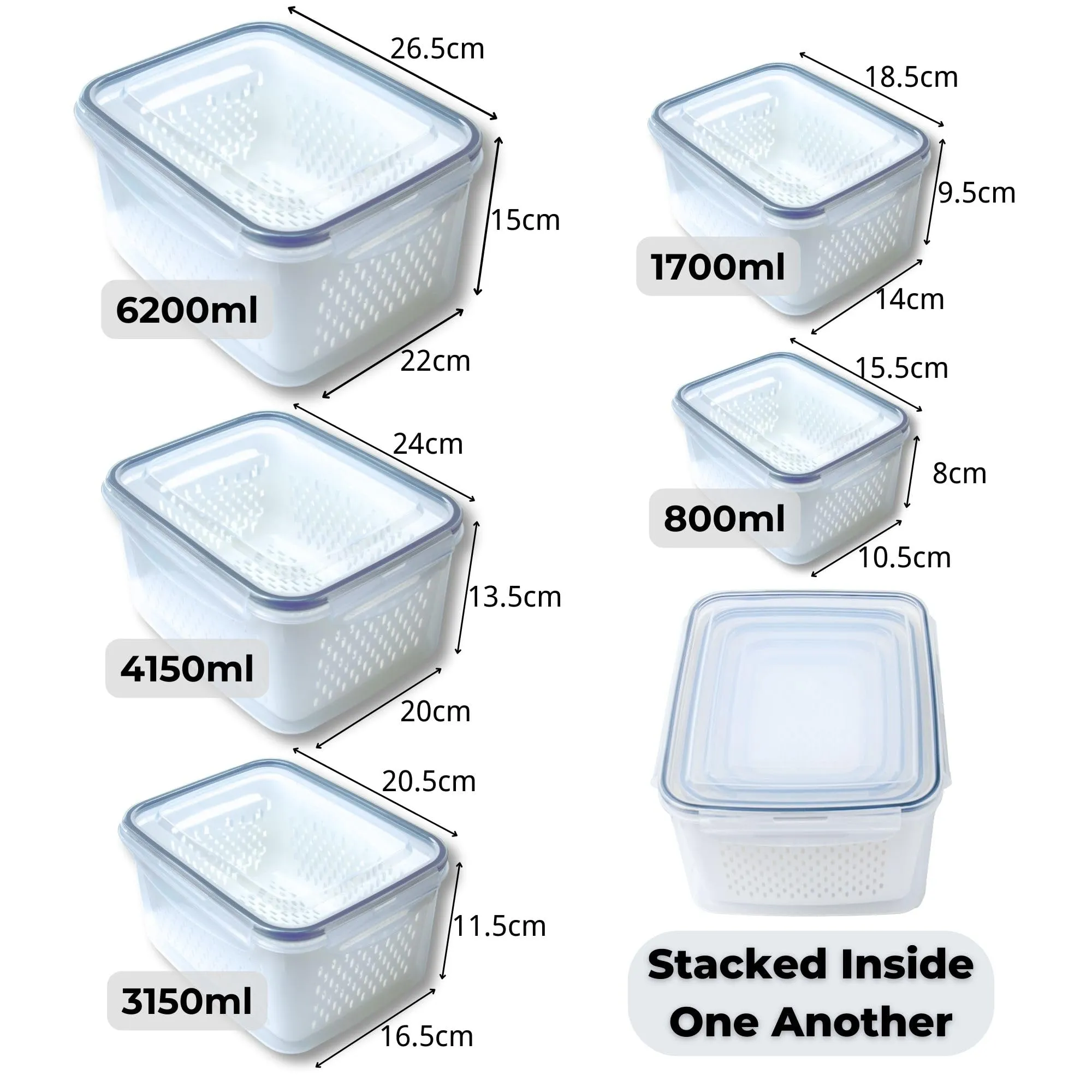 Homestic ( Pack of 4 Food Containers | Storage Box for Fridge | Vegetable Fruit Boxes | Refrigerator Storage Box | Containers With Airtight Lid | Strainer Basket | HXP00287 | Transparent