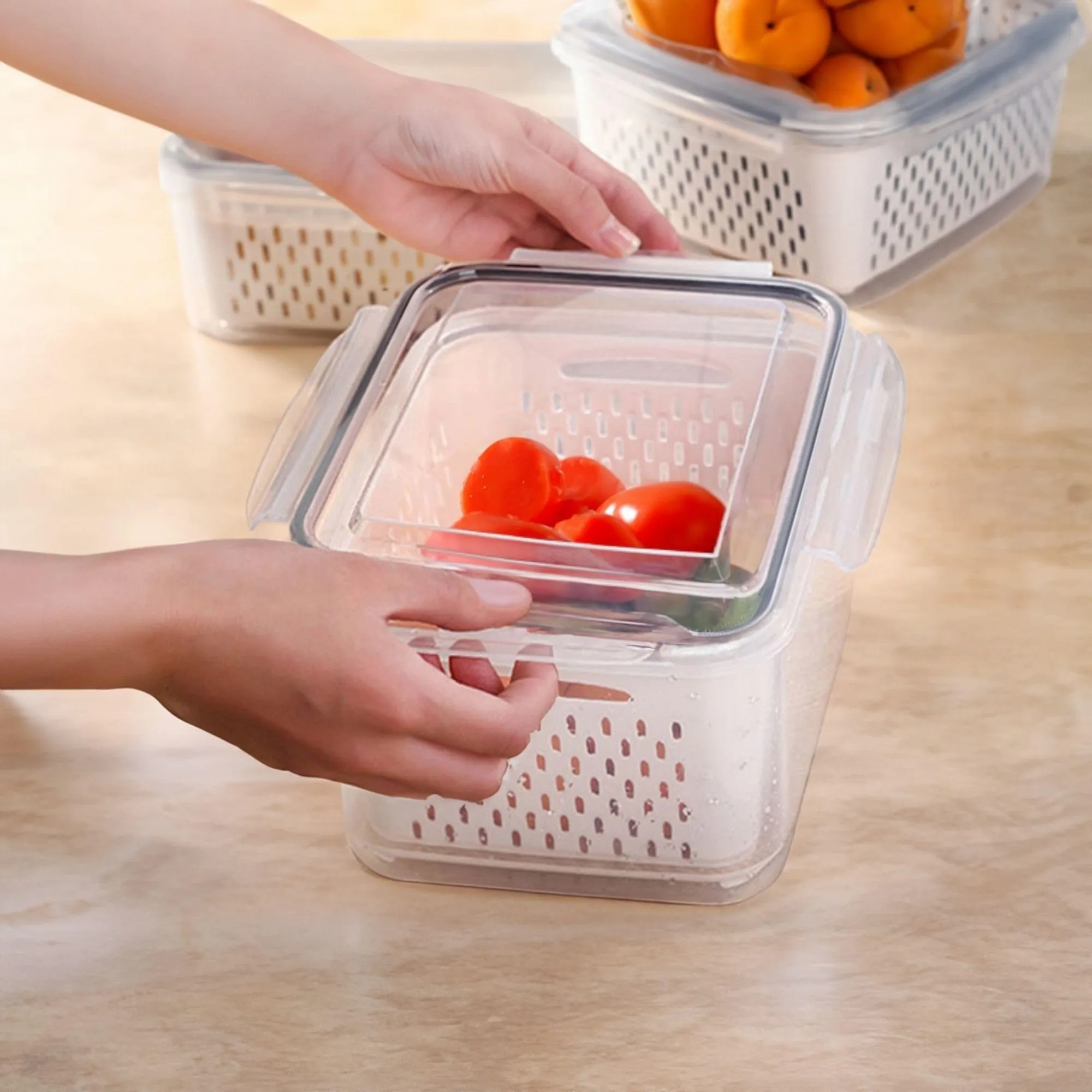 Homestic ( Pack of 4 Food Containers | Storage Box for Fridge | Vegetable Fruit Boxes | Refrigerator Storage Box | Containers With Airtight Lid | Strainer Basket | HXP00287 | Transparent