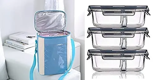 HOMIES, (Set of 4 PCS, 2 Partition 3 and 1 Insulated Lunch Box Carry Bag, BPA-Free Food Storage Organizer Container with Lids (Clear, 630 Ml, Each) - Set of 4 Pieces