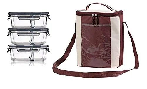 HOMIES, (Set of 4 PCS, 2 Partition 3 and 1 Insulated Lunch Box Carry Bag, BPA-Free Food Storage Organizer Container with Lids (Clear, 630 Ml, Each) - Set of 4 Pieces