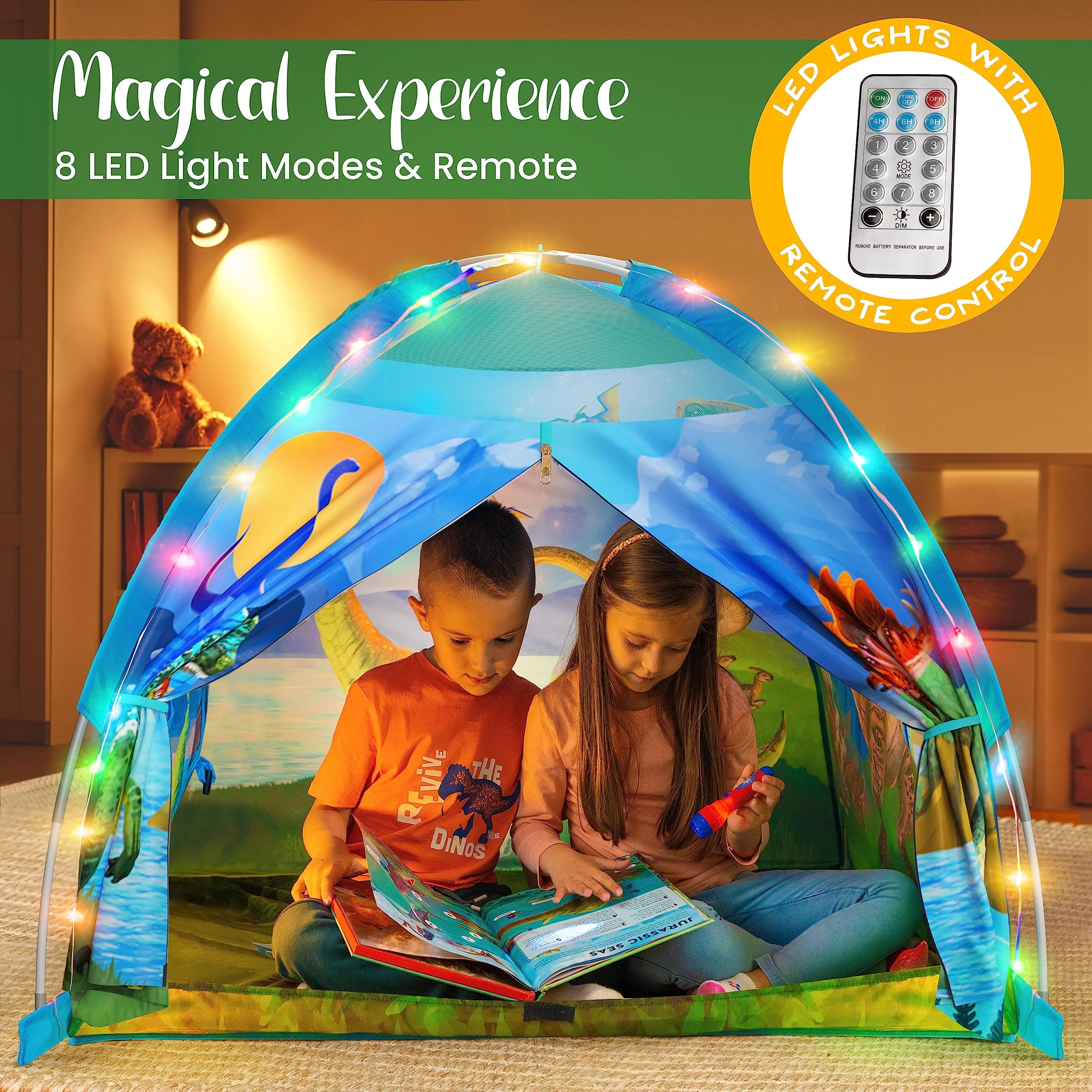 Interactive Dino Paradise Super Dome Play Tent with Roar Button and LED Lights