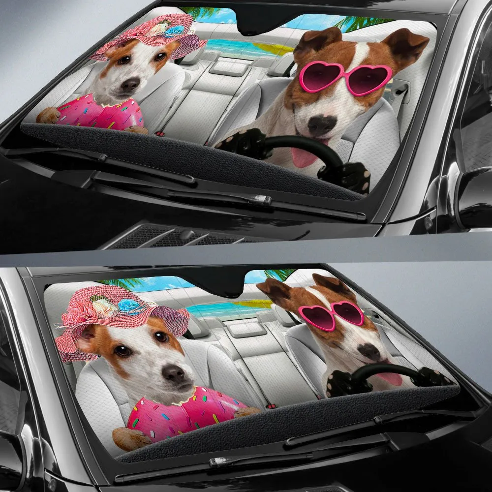 Jack Russell Terrier-Dog Summer Vacation Couple Car Sun Shade Cover Auto Windshield