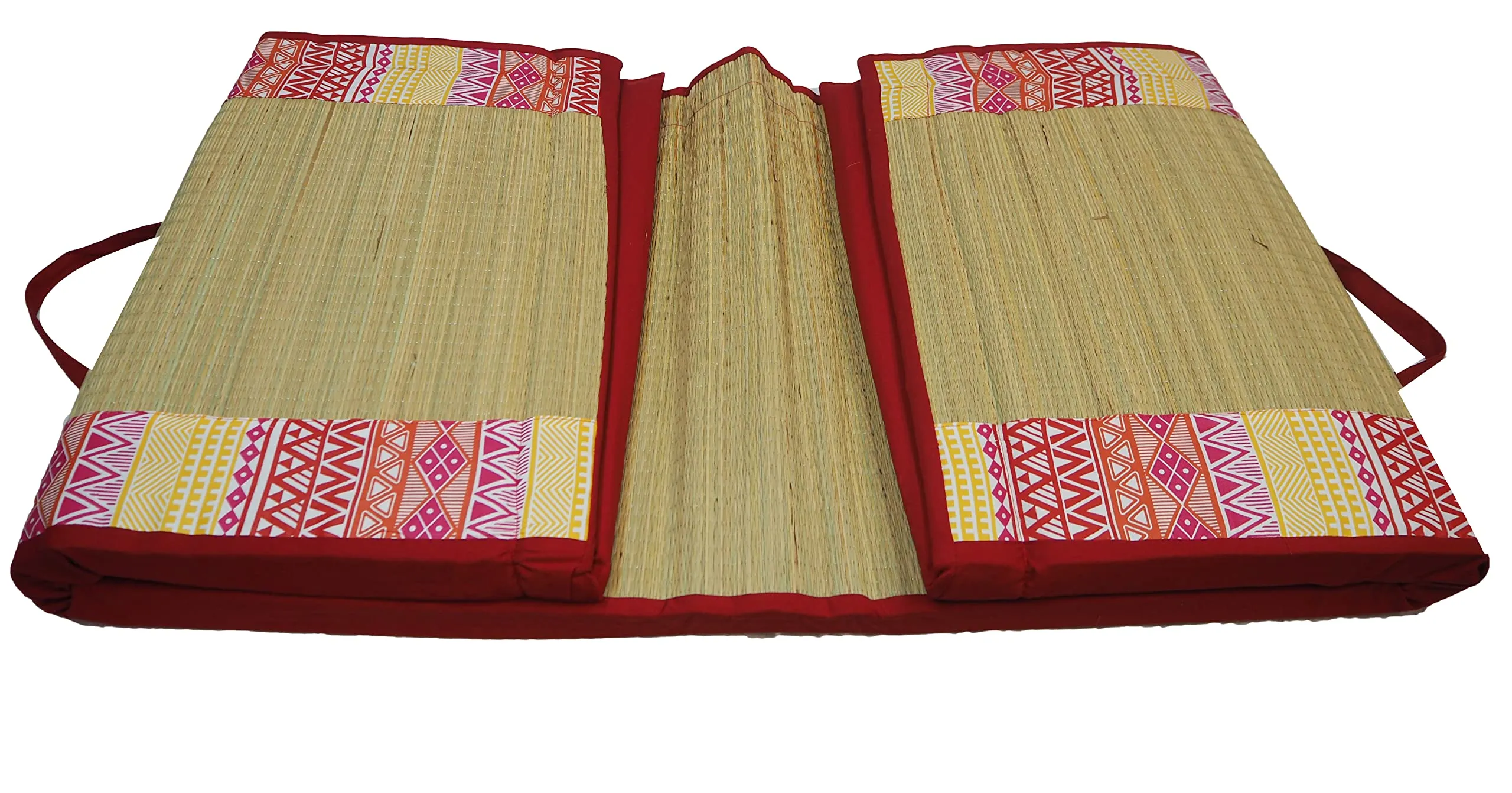 Khadi Eco Basket Foldable River Grass Bedding Mat Medium In Red & Yellow (6.5x4ft)