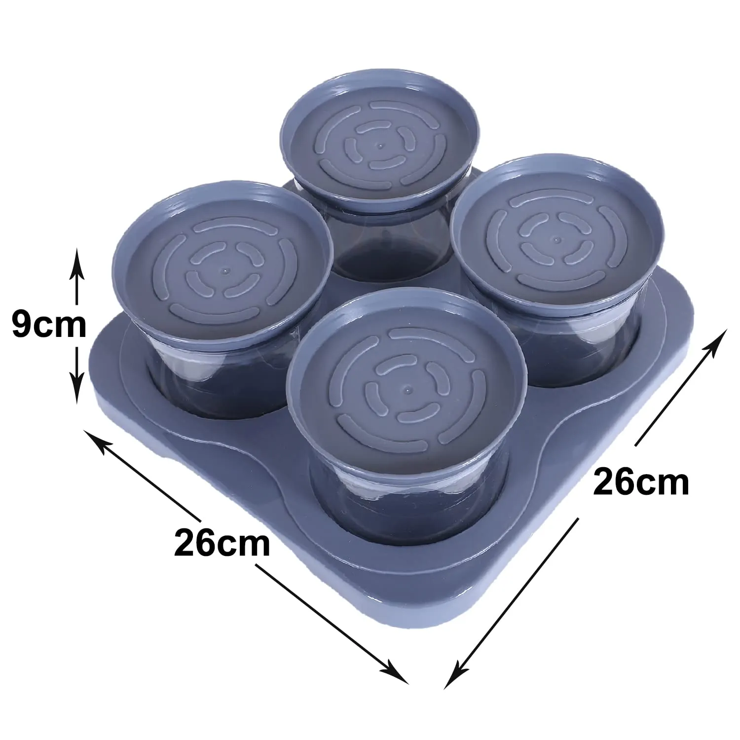 Kuber Industries 4 Containers & Tray Set|Unbreakable Plastic Snackers,Cookies,Nuts Serving Tray|Airtight Containers with Lid,350 ml (Gray)