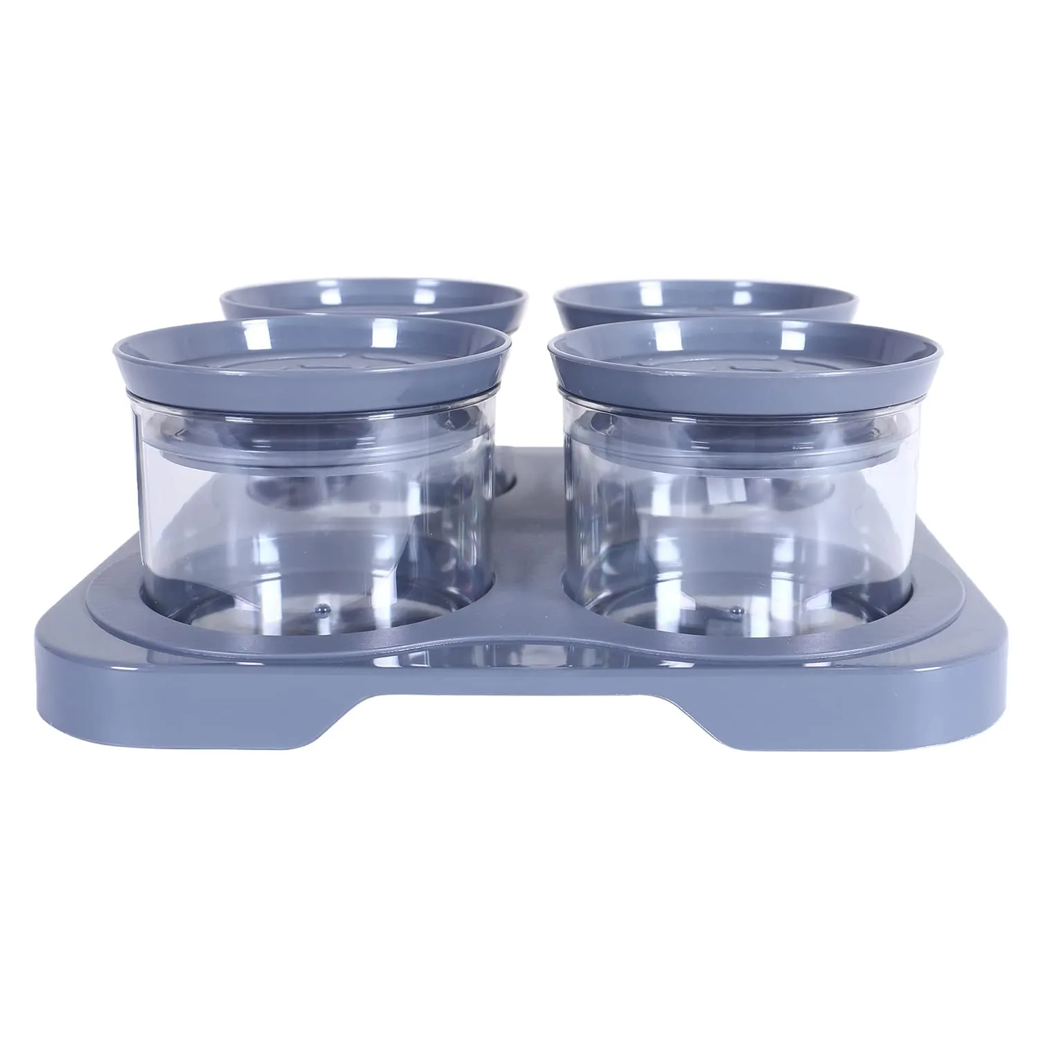 Kuber Industries 4 Containers & Tray Set|Unbreakable Plastic Snackers,Cookies,Nuts Serving Tray|Airtight Containers with Lid,350 ml (Gray)