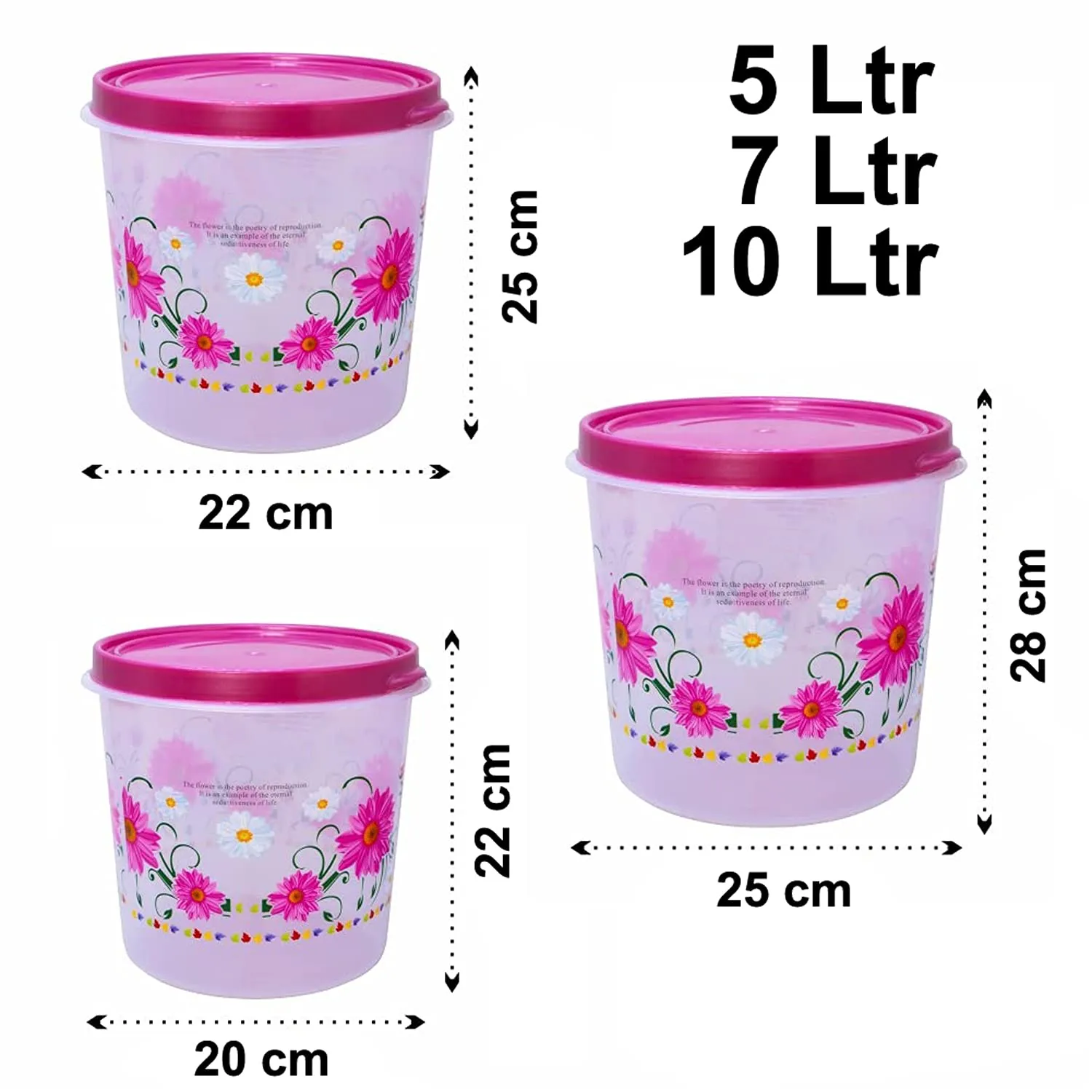 Kuber Industries Floral Plastic Food Storage Containers, Set of 3 (Pink)