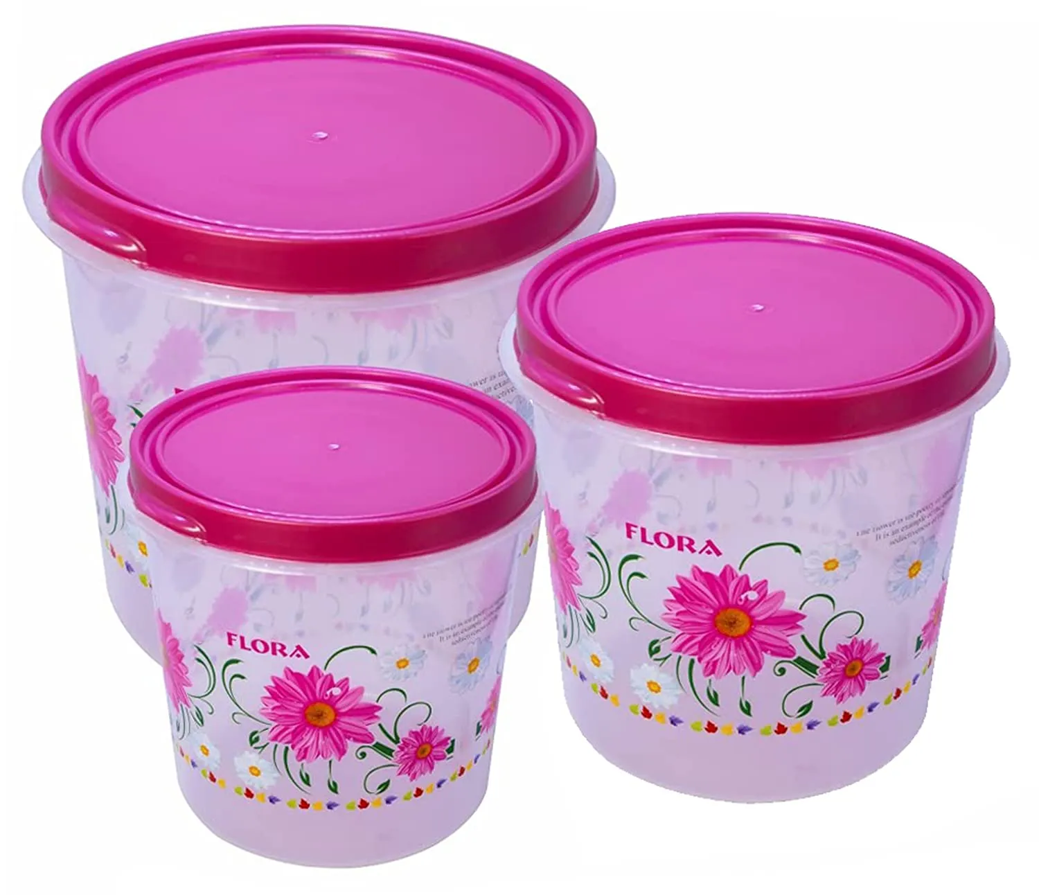 Kuber Industries Floral Plastic Food Storage Containers, Set of 3 (Pink)