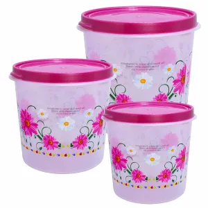 Kuber Industries Floral Plastic Food Storage Containers, Set of 3 (Pink)