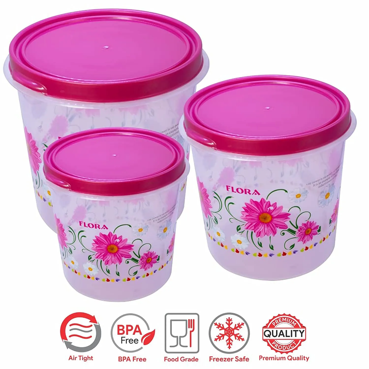 Kuber Industries Floral Plastic Food Storage Containers, Set of 3 (Pink)