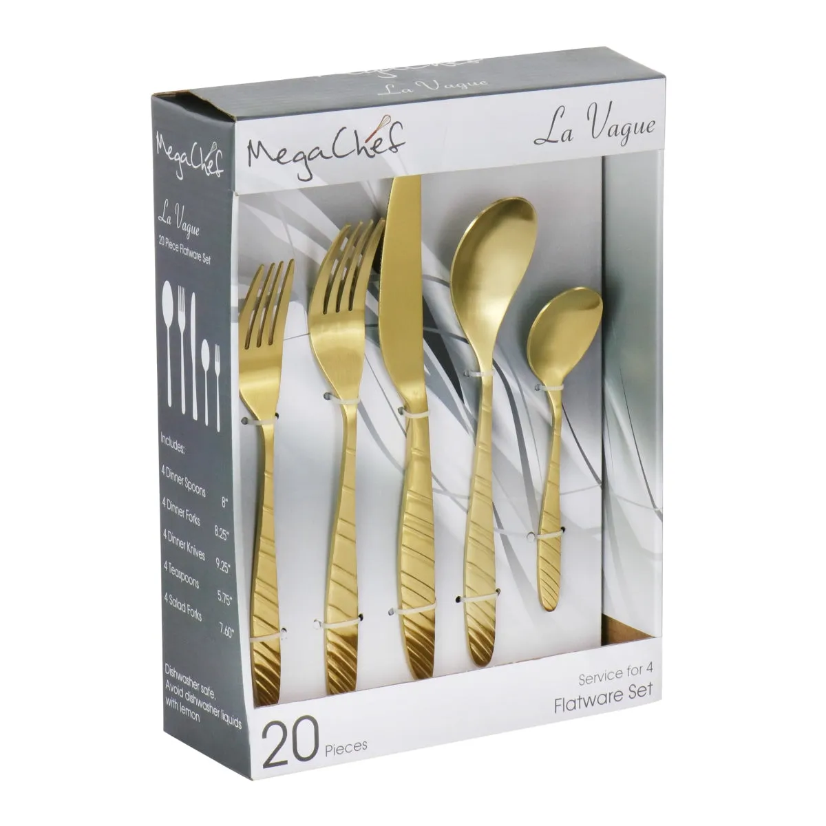 La Vague Silverware Flatware Utensil Set, Matte Gold - 20 Piece