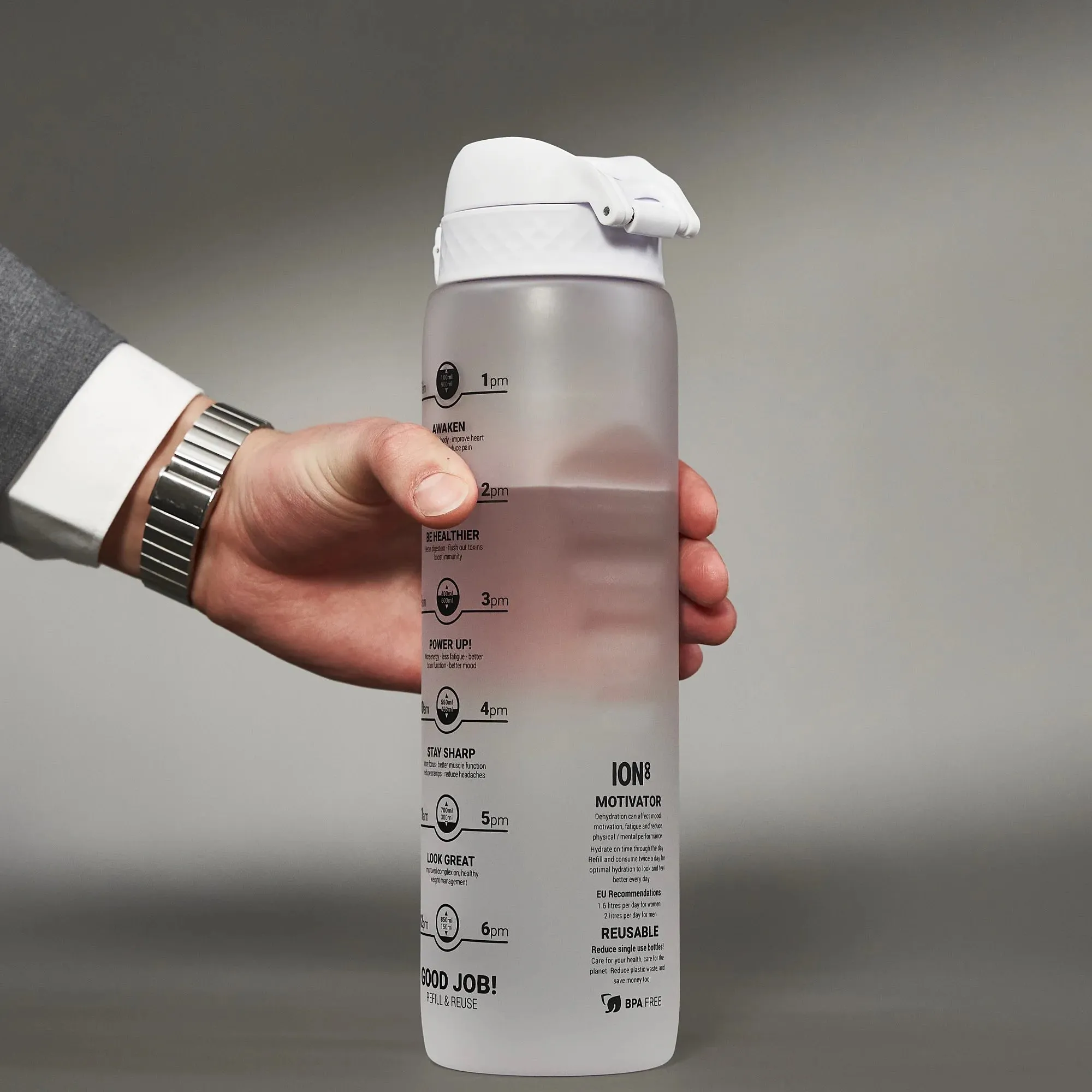 Leak Proof Water Bottle with Times to Drink, Recyclon, Ice, 1 Litre