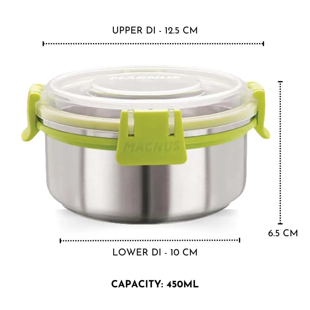 Magnus Klip Lock Stainless Steel Airtight Leakproof Storage Container Set of 2, 450 ML Each - Kitchen Accessories Items, Lunch Box, Lunch Boxes for Office Men