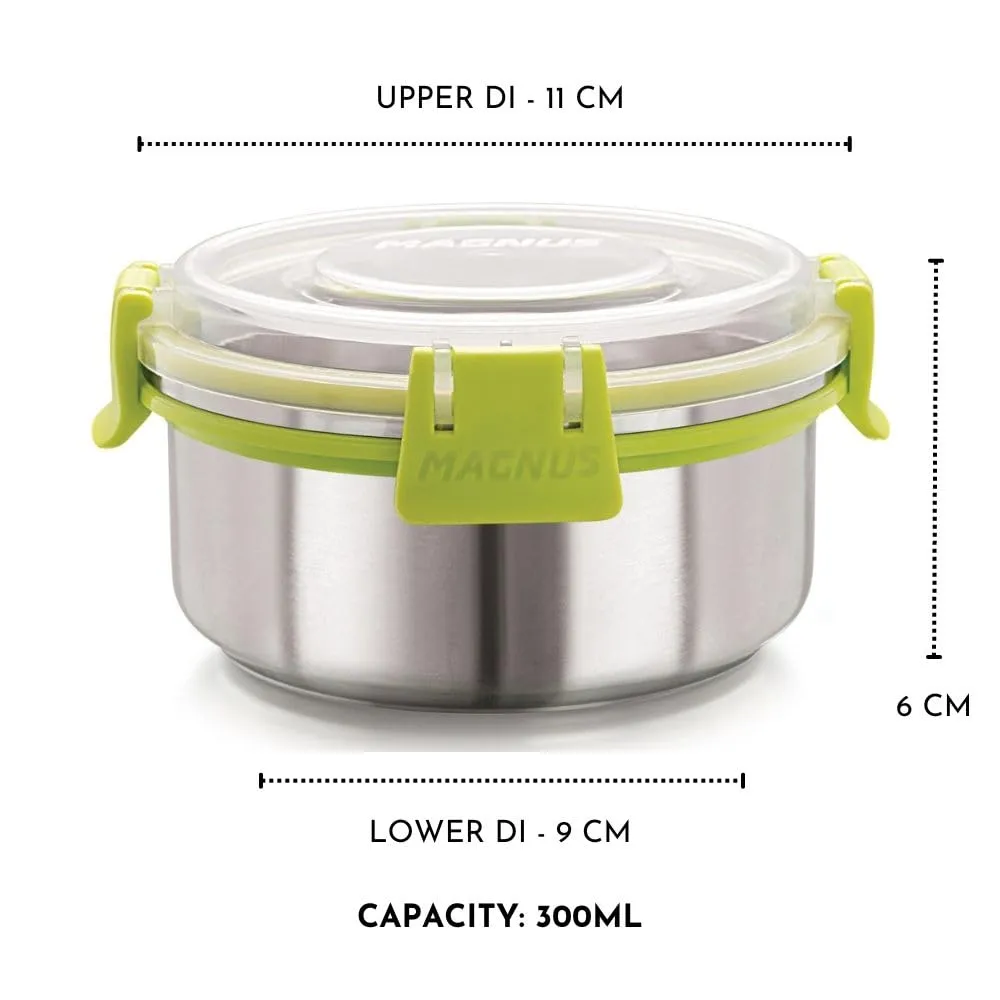 Magnus Klip Lock Stainless Steel Airtight Leakproof Storage Container Set of 5, 300 ML Each - Ideal Kitchen Accessories Items, Lunch Box, Lunch Boxes for Office Men