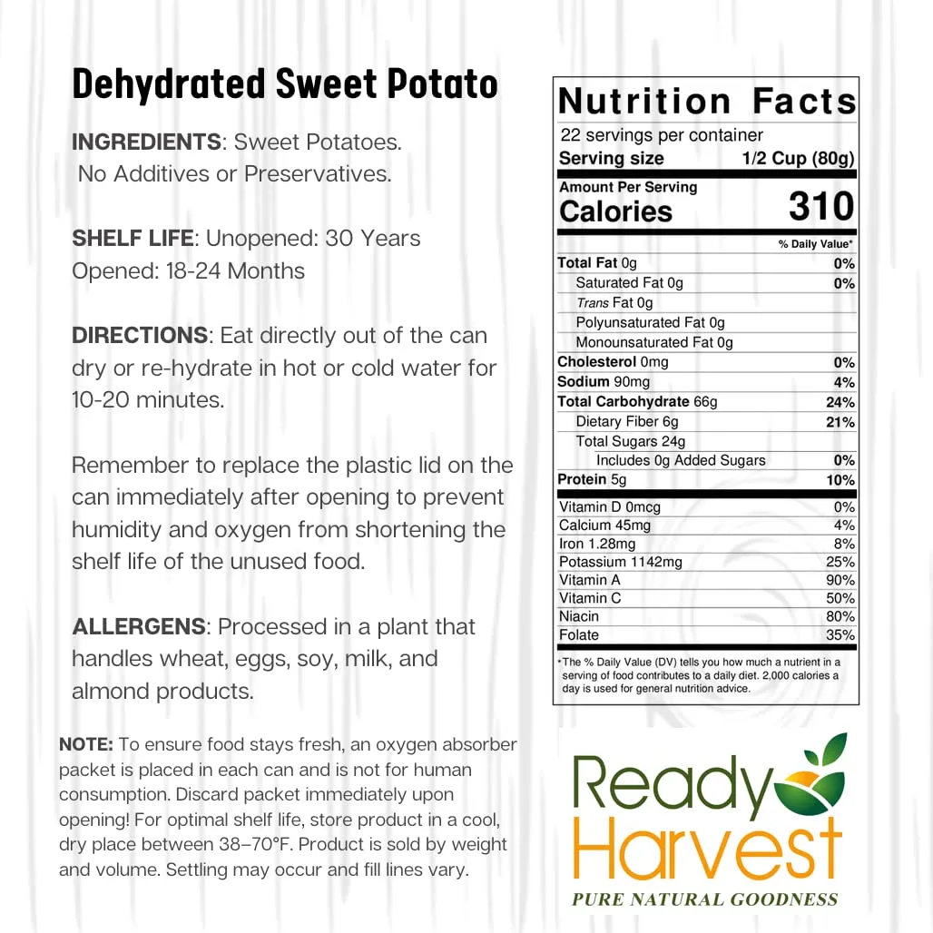 Ready Harvest Dehydrated Sweet Potatoes - 30 Year Shelf Life - Six #10 Cans