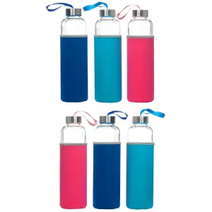 Red Co. 20.3 Fl Oz Glass Water Bottles with Stainless Steel Lids and Assorted Protection Sleeves, Set of 6