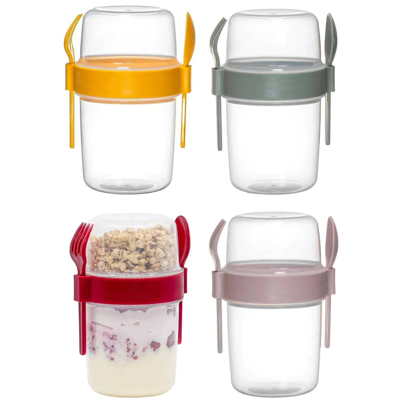 Red Co. Set of 4 Breakfast On the Go 21.9 Oz Reusable Overnight Oats Containers with Spoon & Fork – Pink, Yellow, Green, Red