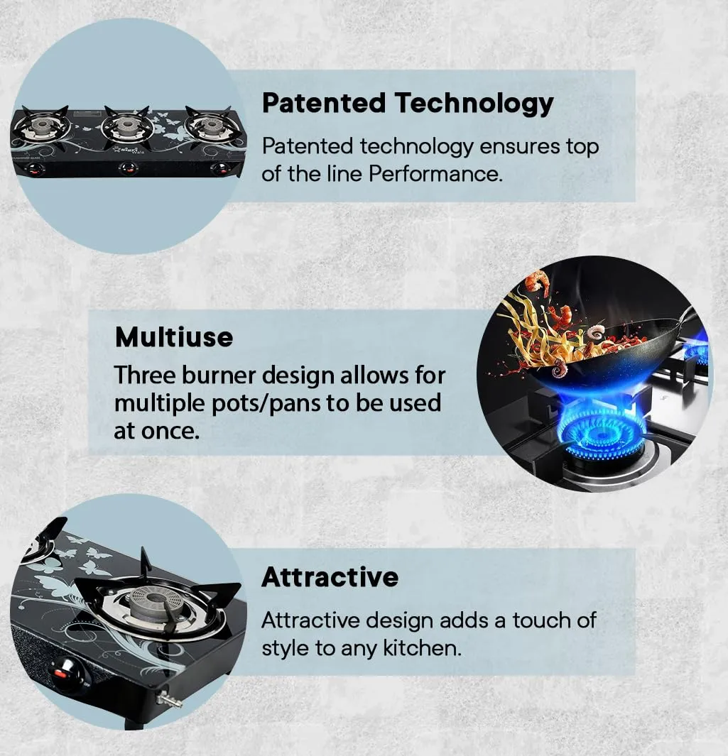 Sigri-wala Surya ISI Certified Toughened Glass Door Step Warranty Stainless Steel, Glass Manual Gas Stove (3 Burners)