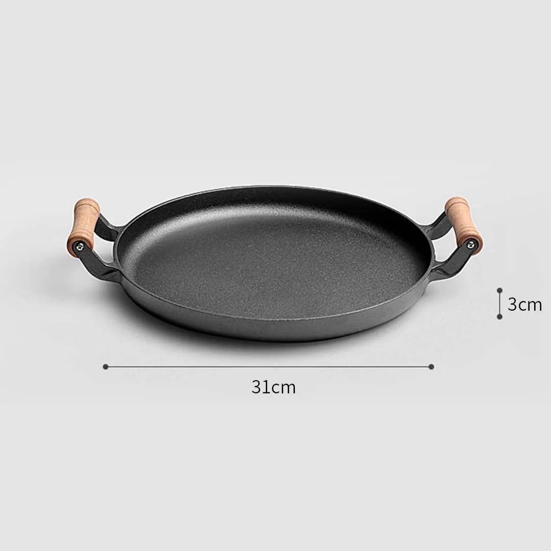 SOGA 31cm Cast Iron Frying Pan Skillet Steak Sizzle Fry Platter With Wooden Handle No Lid