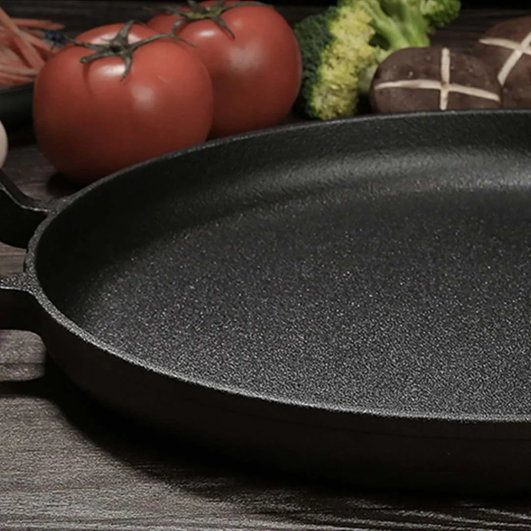 SOGA 31cm Cast Iron Frying Pan Skillet Steak Sizzle Fry Platter With Wooden Handle No Lid