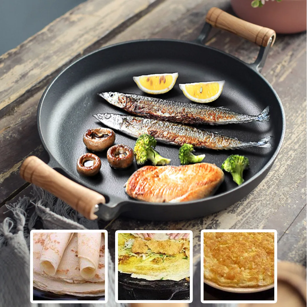 SOGA 31cm Cast Iron Frying Pan Skillet Steak Sizzle Fry Platter With Wooden Handle No Lid