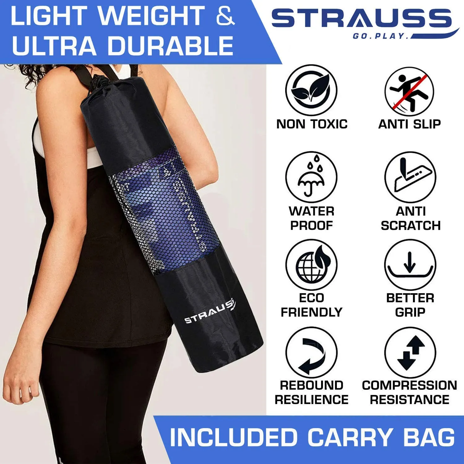 STRAUSS Yoga Mat with Carry Bag | Anti-Slip Exercise Mat for Women & Men | Home Gym Workout, Yoga, Pilates | Eco-friendly | Non-Slip Surface | Lightweight & Durable | 8mm (Blue)