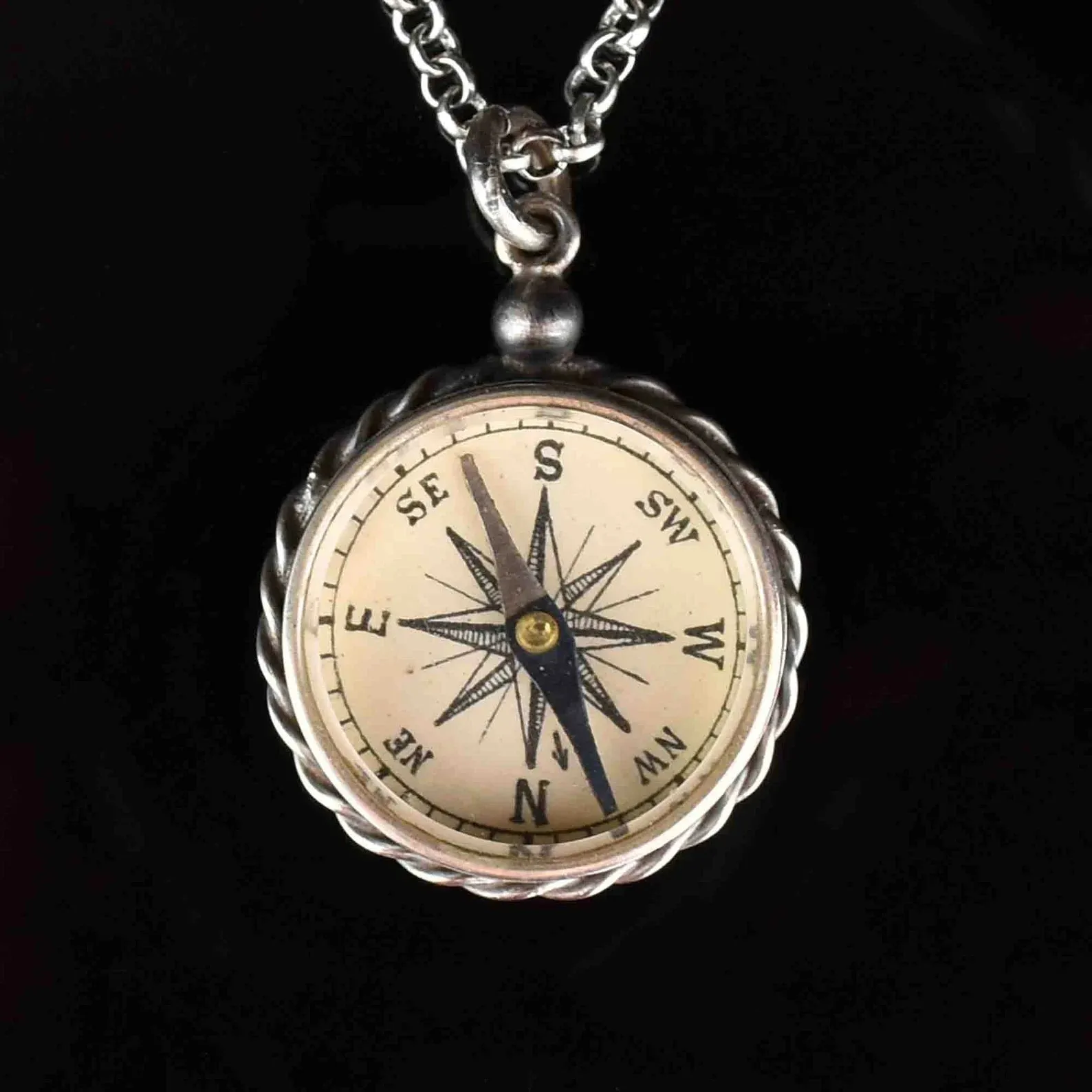 Vintage Silver Working Compass Fob Pendant Necklace