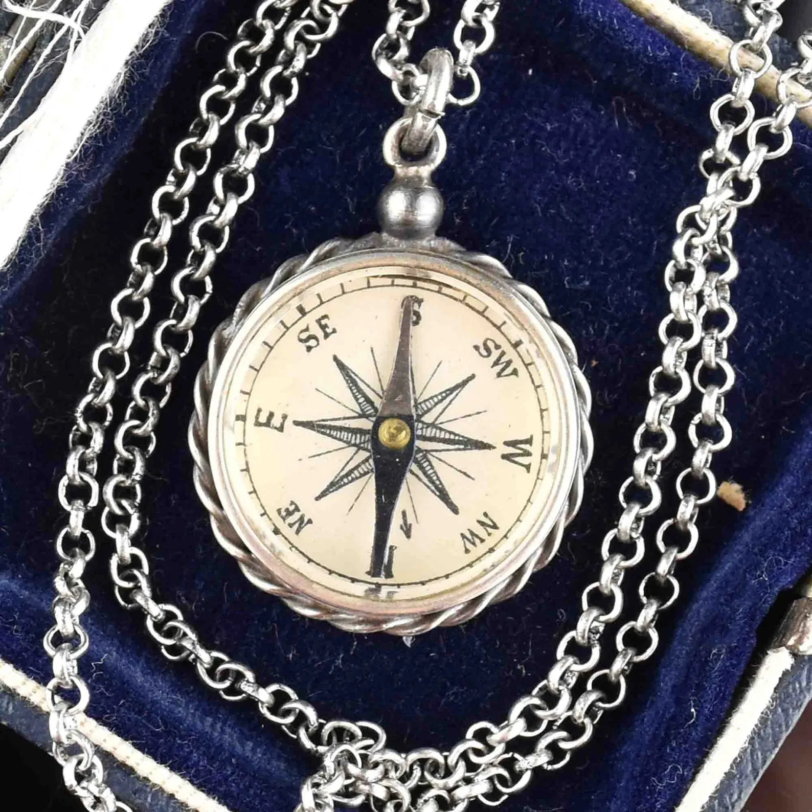 Vintage Silver Working Compass Fob Pendant Necklace