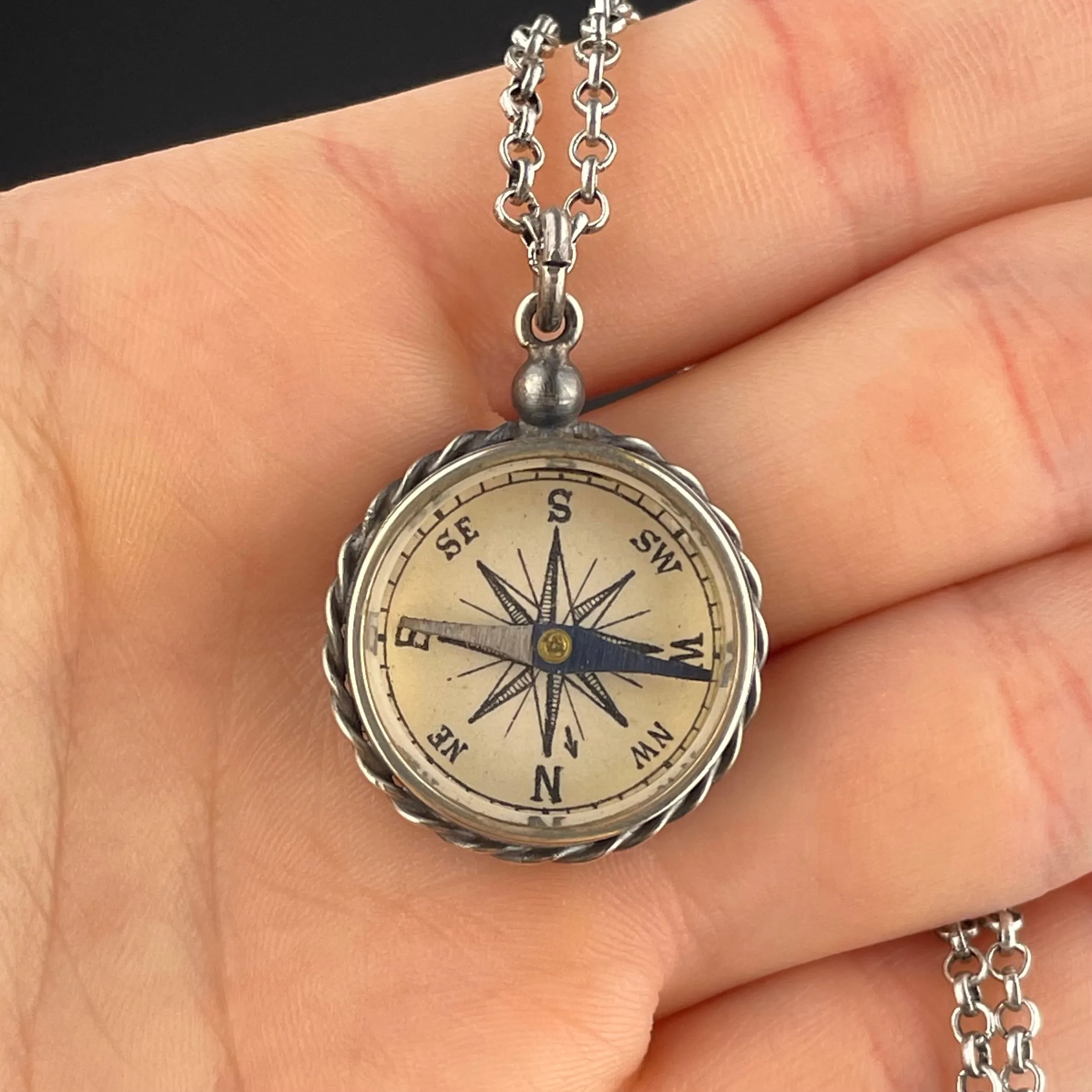 Vintage Silver Working Compass Fob Pendant Necklace