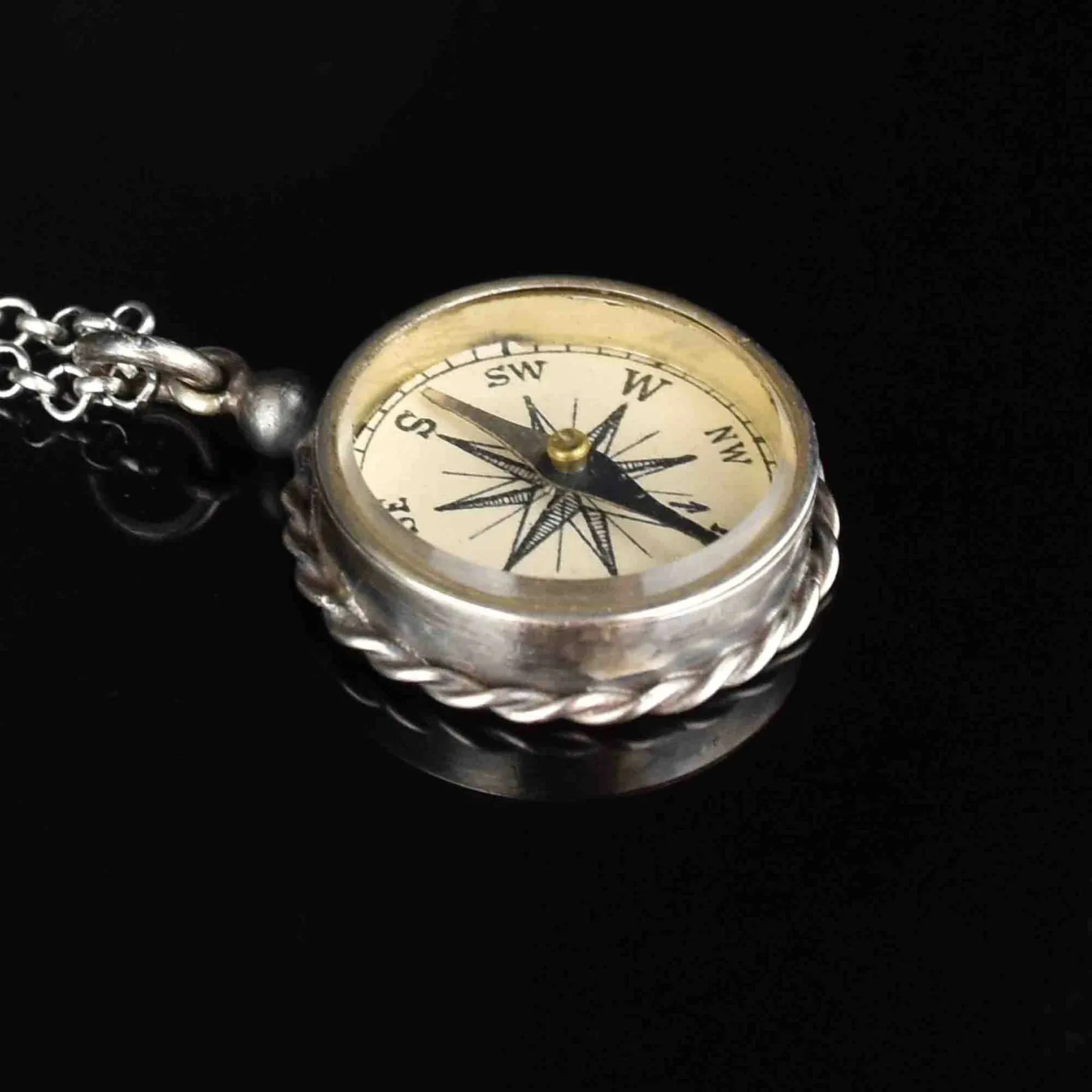 Vintage Silver Working Compass Fob Pendant Necklace