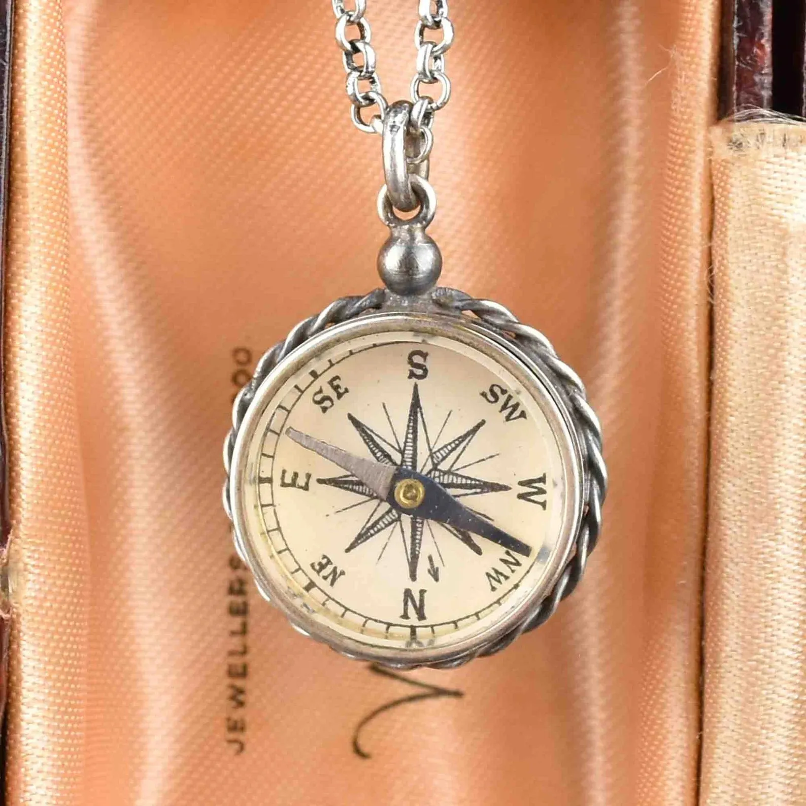 Vintage Silver Working Compass Fob Pendant Necklace